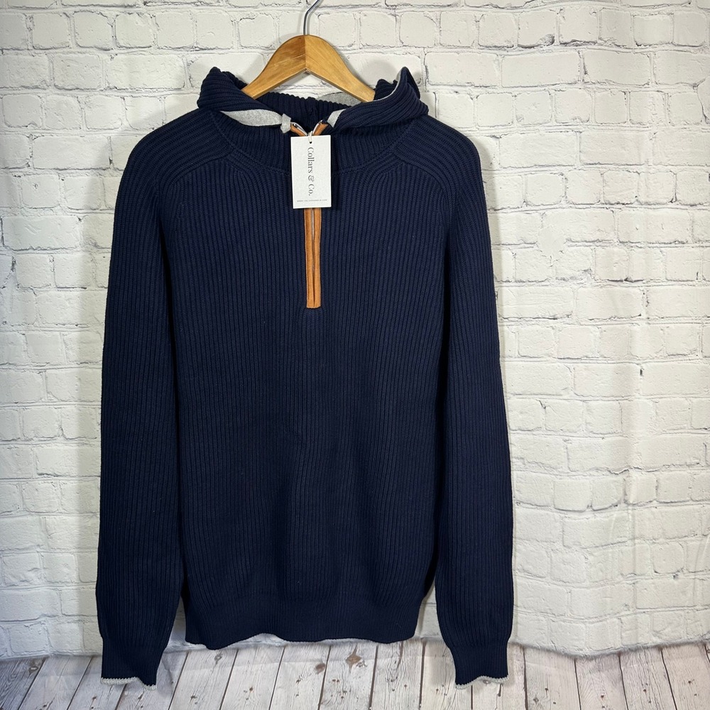 Collars & Co. Sweater XL Mens Navy Blue Cotton Cashmere Quarter Zip Hoodie